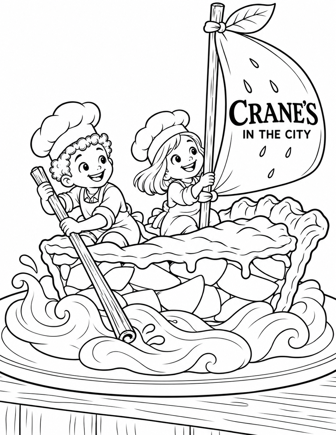 Two tiny bakers sail a slice of apple pie through a creamy sea under a Crane’s in the City sail.