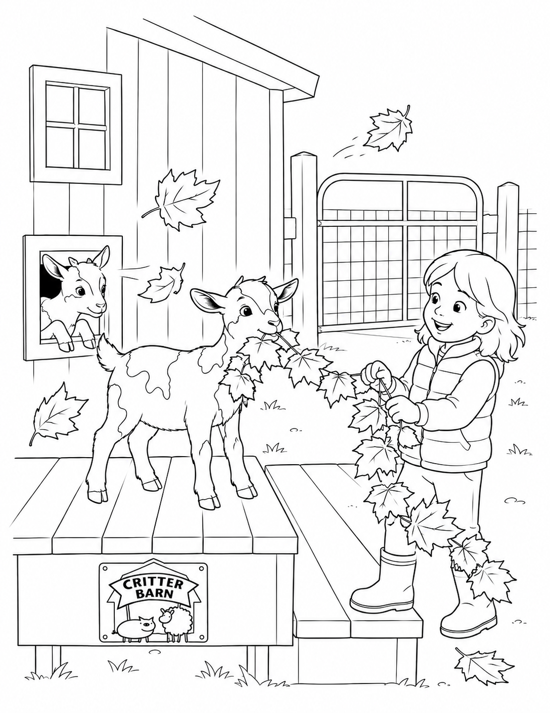 A curious goat catches a child’s autumn leaf garland. An imagined scene inspired by Critter Barn’s wooden climbing platforms and goat shelter.