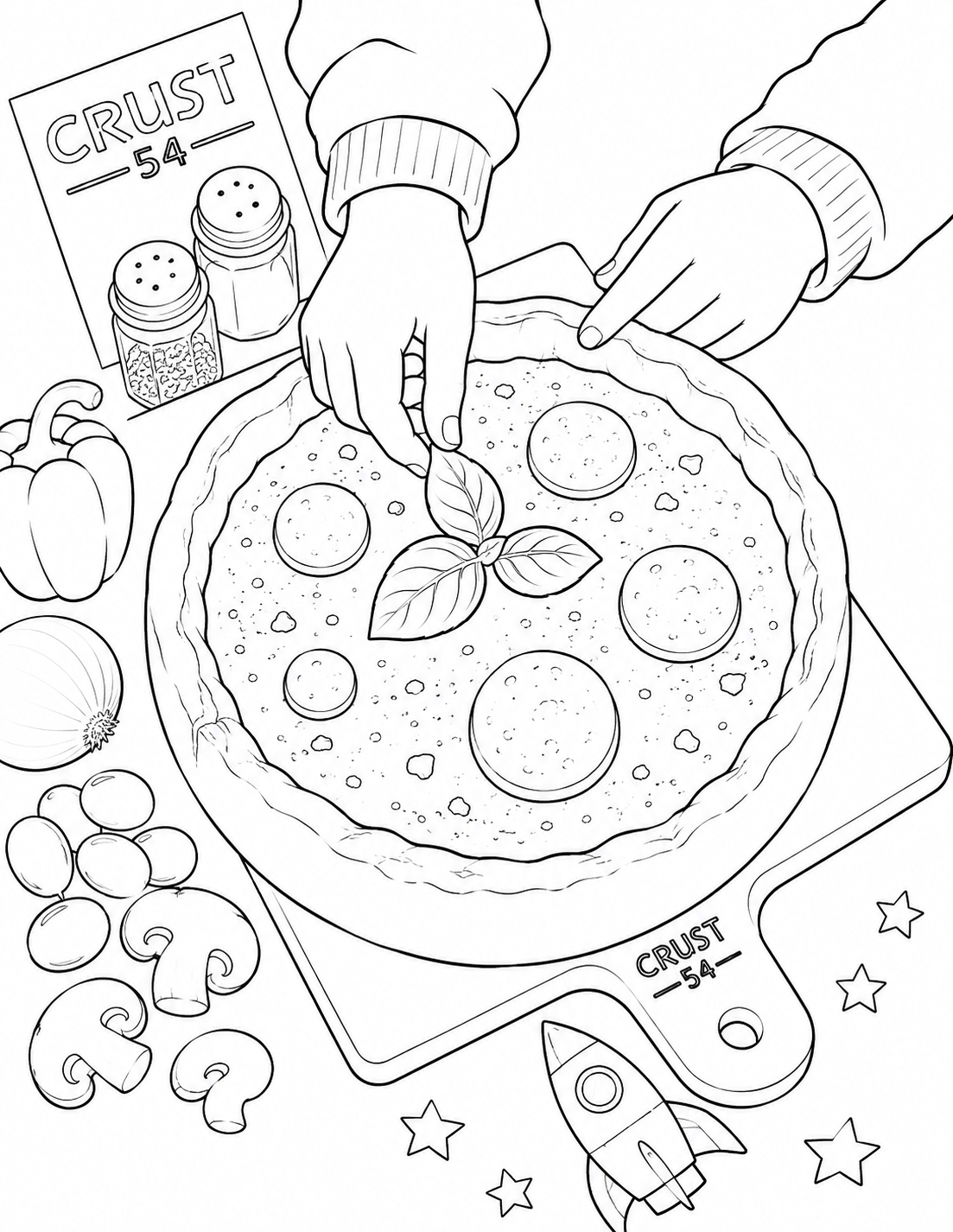 Hands arrange basil on a round pizza beside toy stars and a rocket, with Crust 54 lettering on the pizza board.