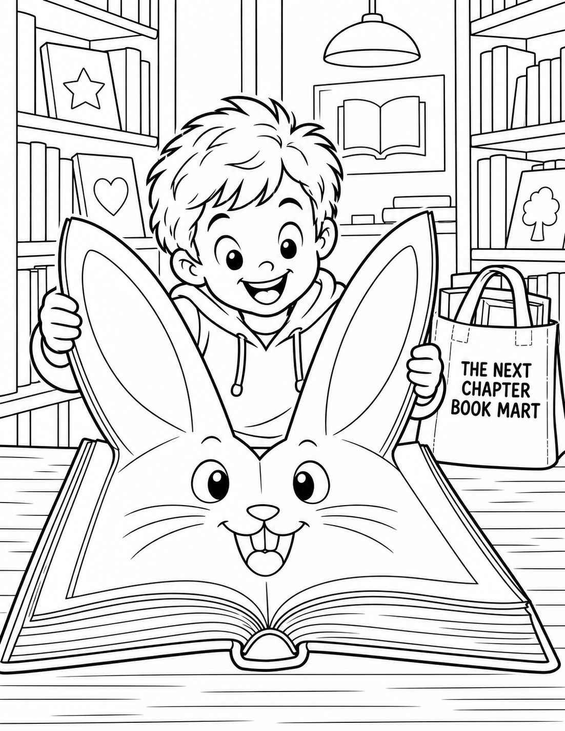 A child opens one enormous book whose two lifted paper pages form a friendly animal's ears. Keep the bookshop itself explicitly imagined and sparse. Put THE NEXT CHAPTER BOOK MART exactly once on a sturdy cloth book bag.