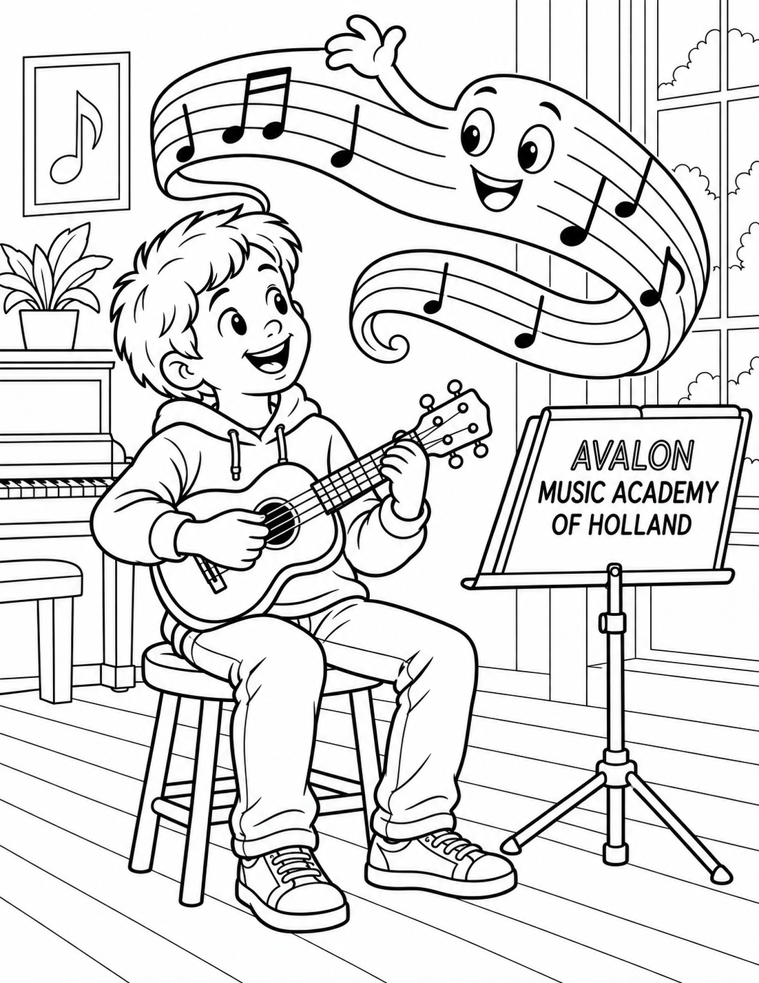 A seated child plays a small guitar-like instrument while a broad friendly music ribbon curls overhead beside an Avalon Music Academy of Holland stand.