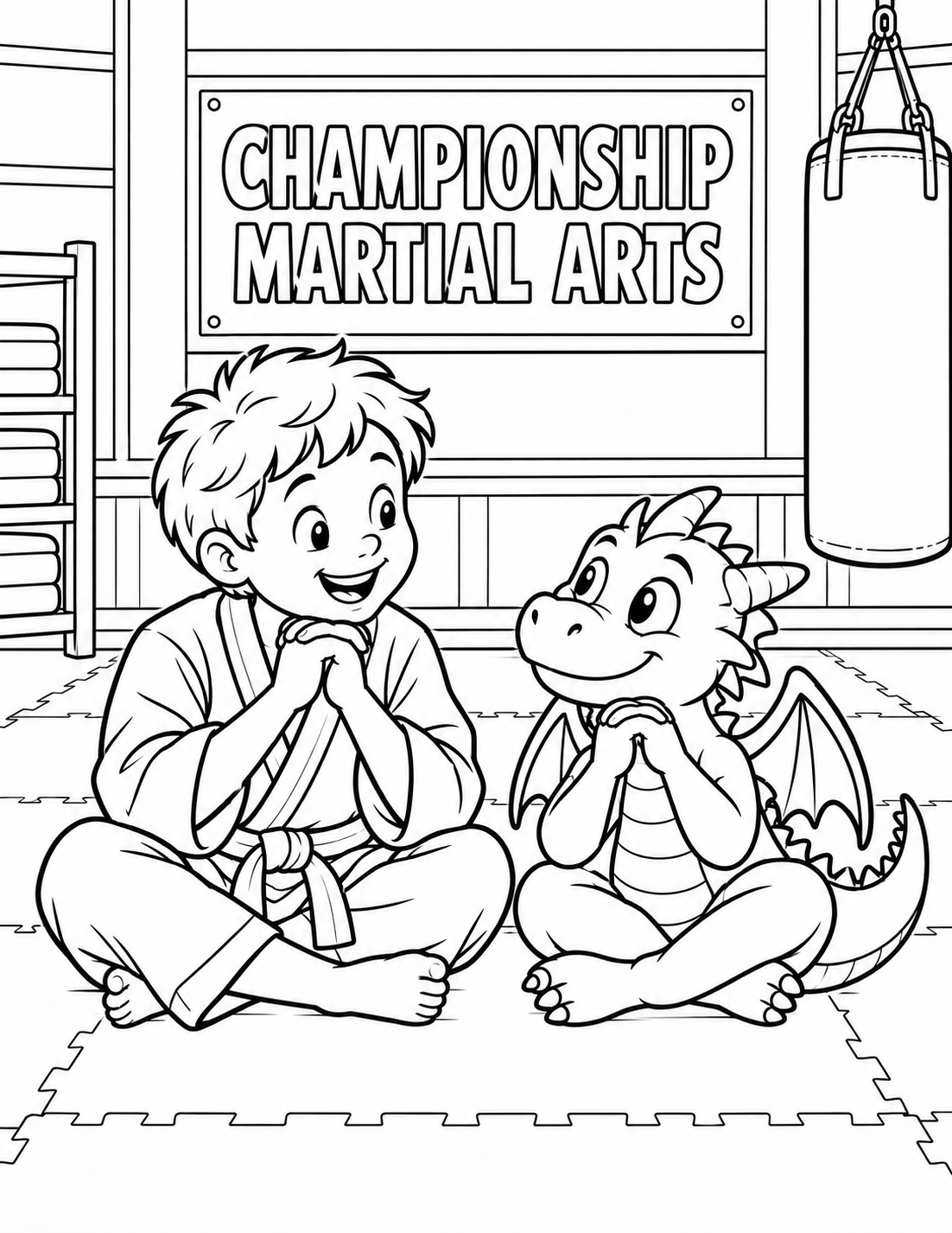 A child demonstrates the documented cross-legged lock-it-up listening posture while a small imagined dragon copies the pose on the mat. Keep limbs and mat contact clear. no rank insignia or combat. Put CHAMPIONSHIP MARTIAL ARTS exactly once on a wall sign.