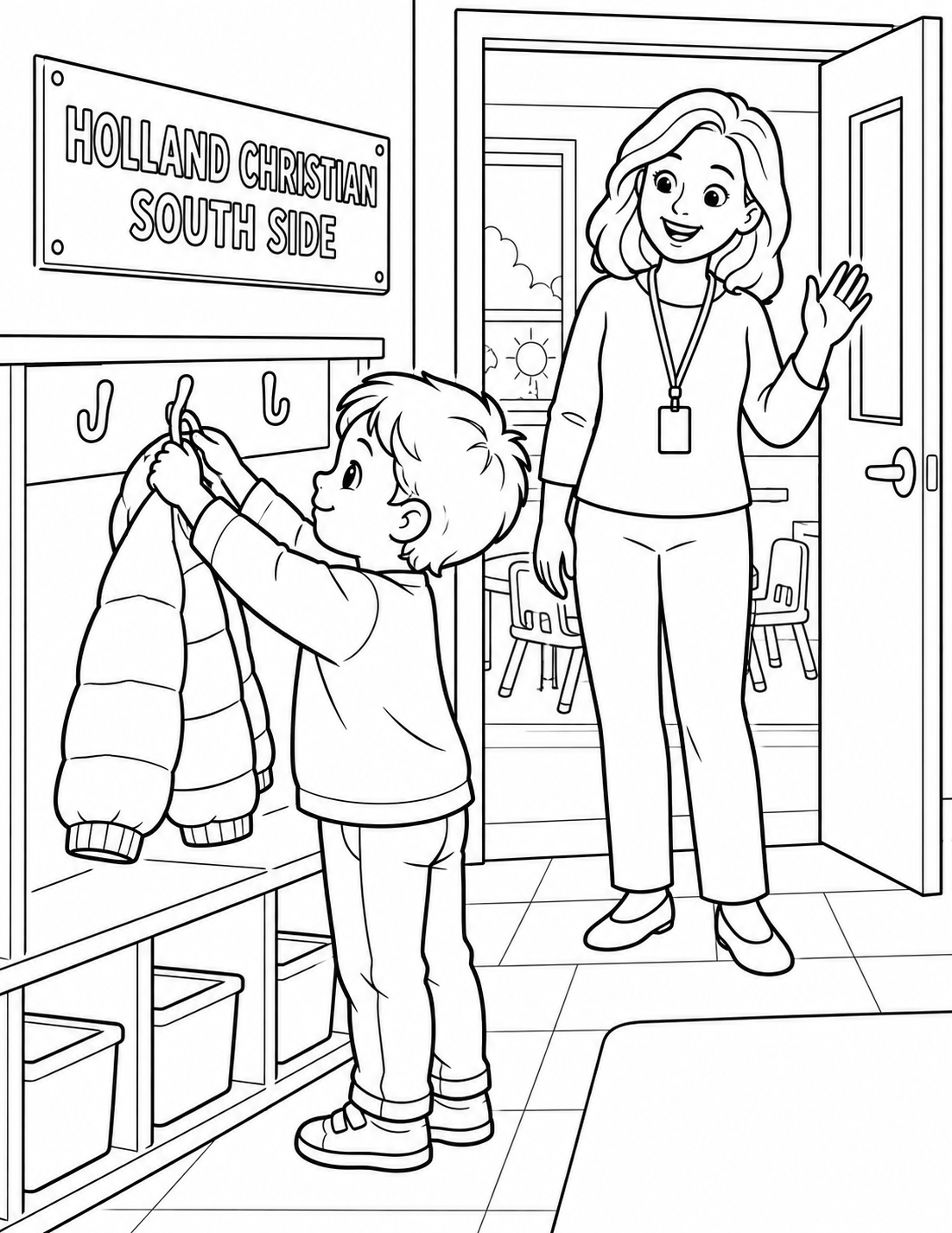 Fresh explicitly imagined South Side Elementary classroom cubby scene: one preschool child stands squarely in front of a low wall hook and uses exactly two hands to hang one autumn coat by its collar loop. A teacher stands fully inside the classroom two steps away, smiling and waving with one ordinary free hand. The open doorway is visible but nobody holds it. Put HOLLAND CHRISTIAN SOUTH SIDE exactly once on a sturdy wall plaque. No disembodied arm, hand through a door, backpack collision, or copied real room.