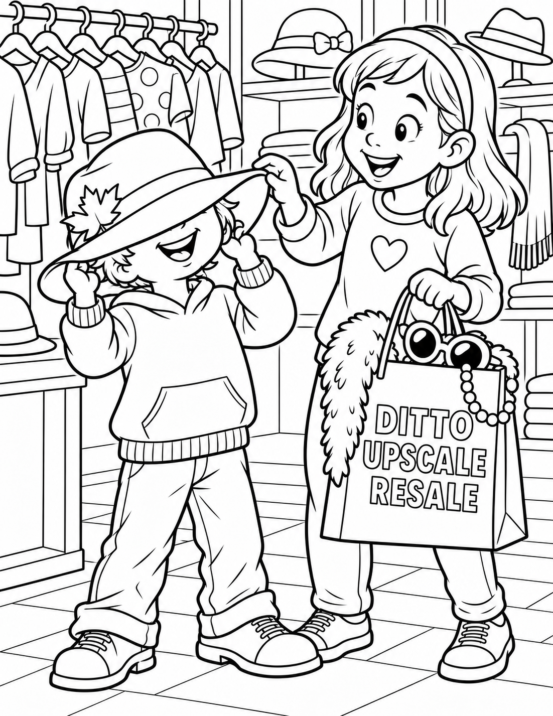 A child tries on an oversized secondhand autumn hat while a sibling holds a bag with two simple dress-up finds. The brim partly hides the child's eyes and the sibling tips it up. Put DITTO UPSCALE RESALE exactly once on the bag. use an imagined shop setting.