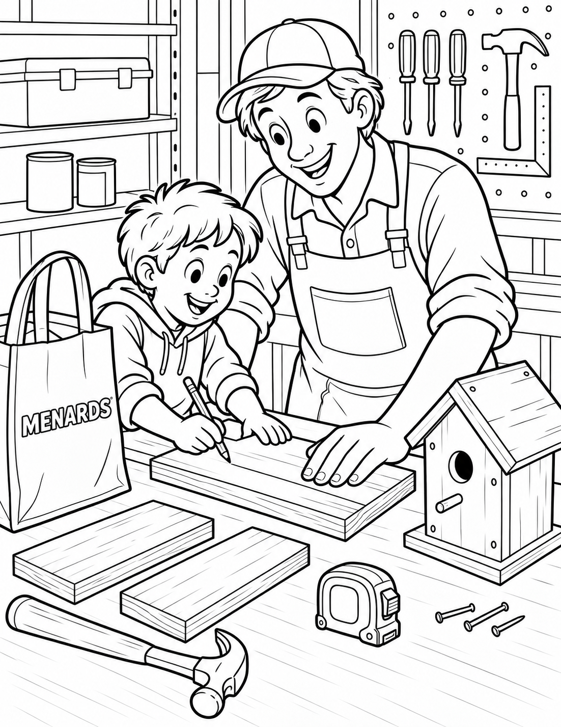A child and adult plan a small birdhouse from three real boards. One hand steadies a board while the other marks a simple line with a pencil. a hammer rests safely on the table. Put MENARDS exactly once on a reusable project bag. The workspace is imagined.