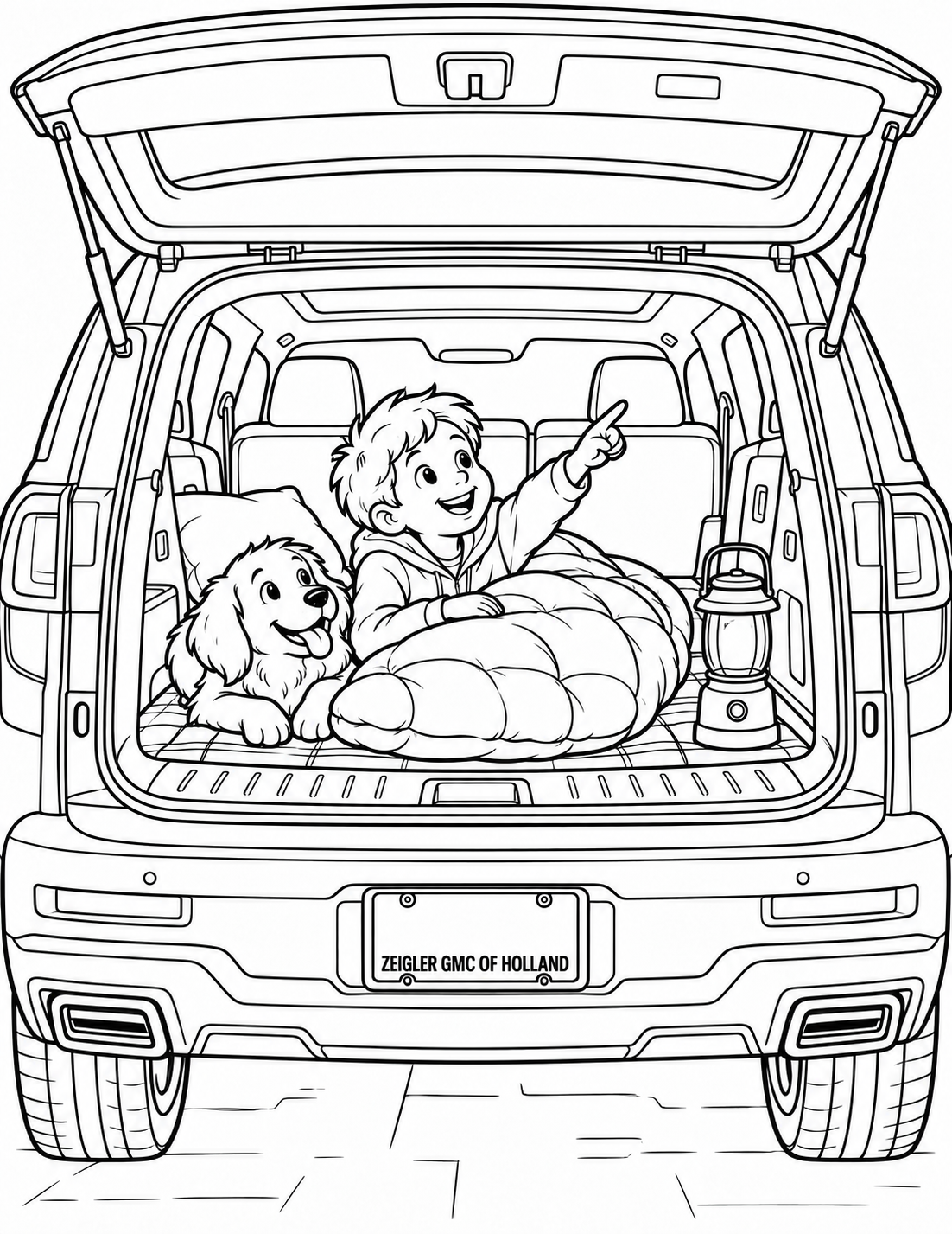 A child imagines the open cargo area of a contemporary GMC SUV as a small camping world with one sleeping bag and lantern. Keep the tailgate, cargo floor and vehicle proportions coherent. Put ZEIGLER GMC OF HOLLAND exactly once on a dealer plate frame. fantasy stays inside the cargo area.