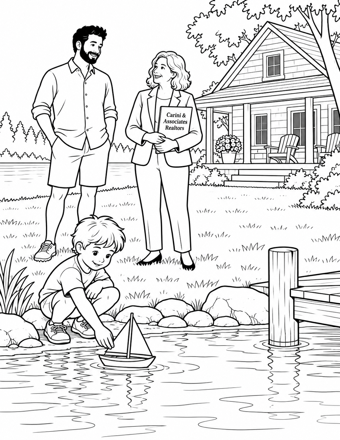 At an imagined waterfront-cottage viewing, a child launches a small toy sailboat from the dry shore while a parent and agent stand apart on the lawn.