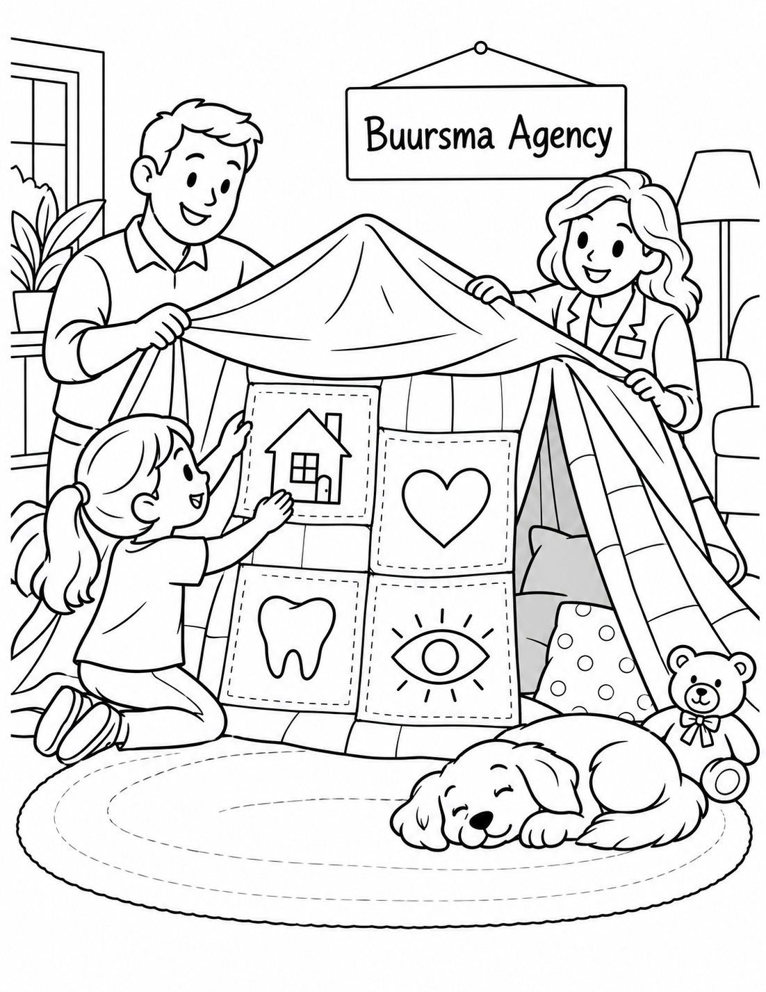 In an imagined family room, a child turns a blanket fort into a cheerful safe base, adding four large quilt patches with simple home, heart, tooth, and eye pictures as a family advisor helps hold the roof.