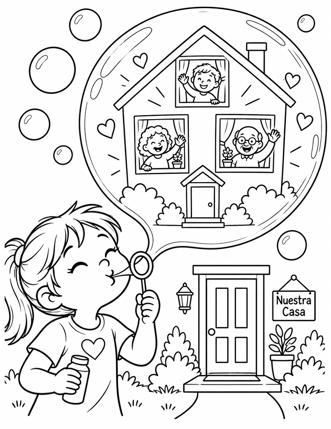 A child blows one enormous soap bubble above a simple shared neighborhood house; inside the bubble floats a tiny imagined version of a house with three neighbors waving from its windows.
