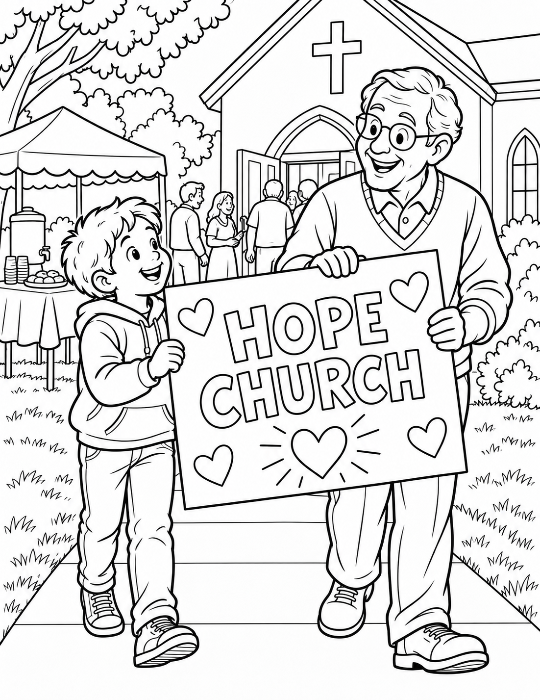 On the documented 11th Street lawn, a child and grandparent carry one oversized handmade welcome card toward an outdoor gathering. Keep the church activity general and plausible. Put HOPE CHURCH exactly once on the card front. no unsupported charity or program claim.