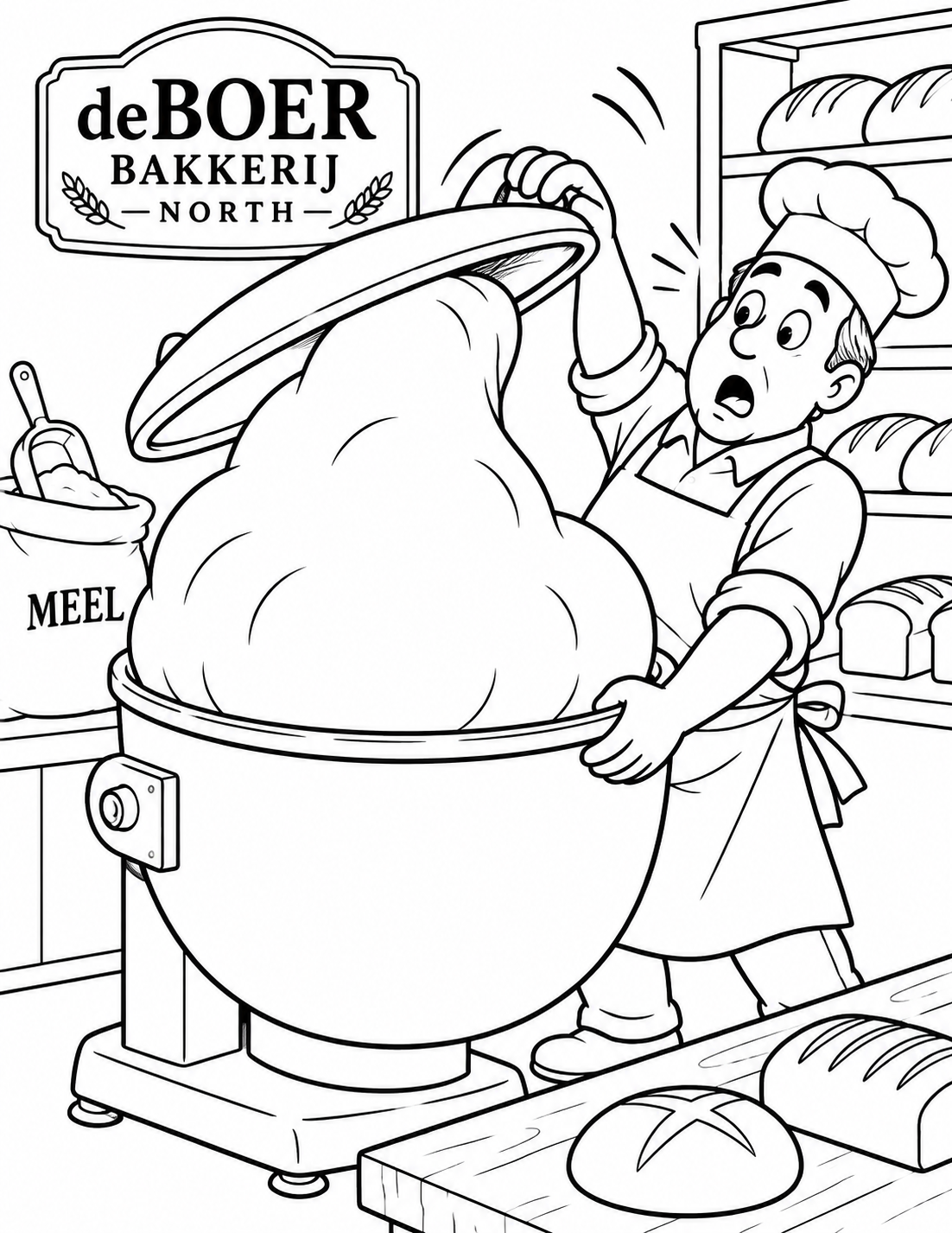 A huge soft bread-dough dome rises unexpectedly from a mixing bowl while a surprised baker catches the tilting lid.