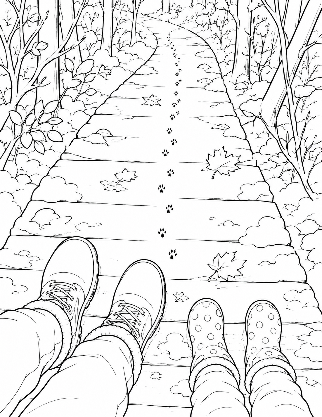 Two walkers discover little pawprints along a snowy path at DeGraaf Nature Center.