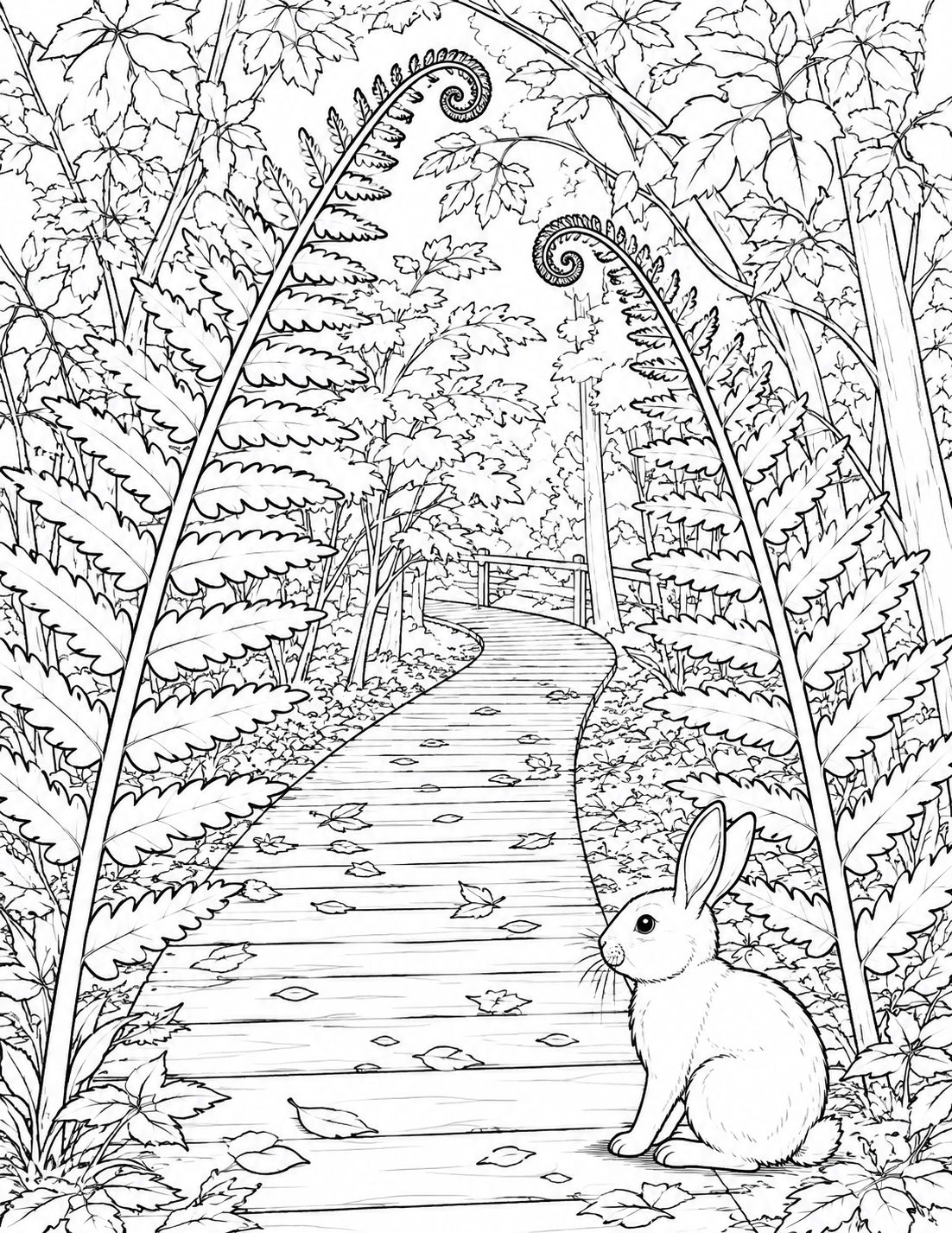 A rabbit pauses beside a woodland boardwalk framed by tall ferns at DeGraaf Nature Center.
