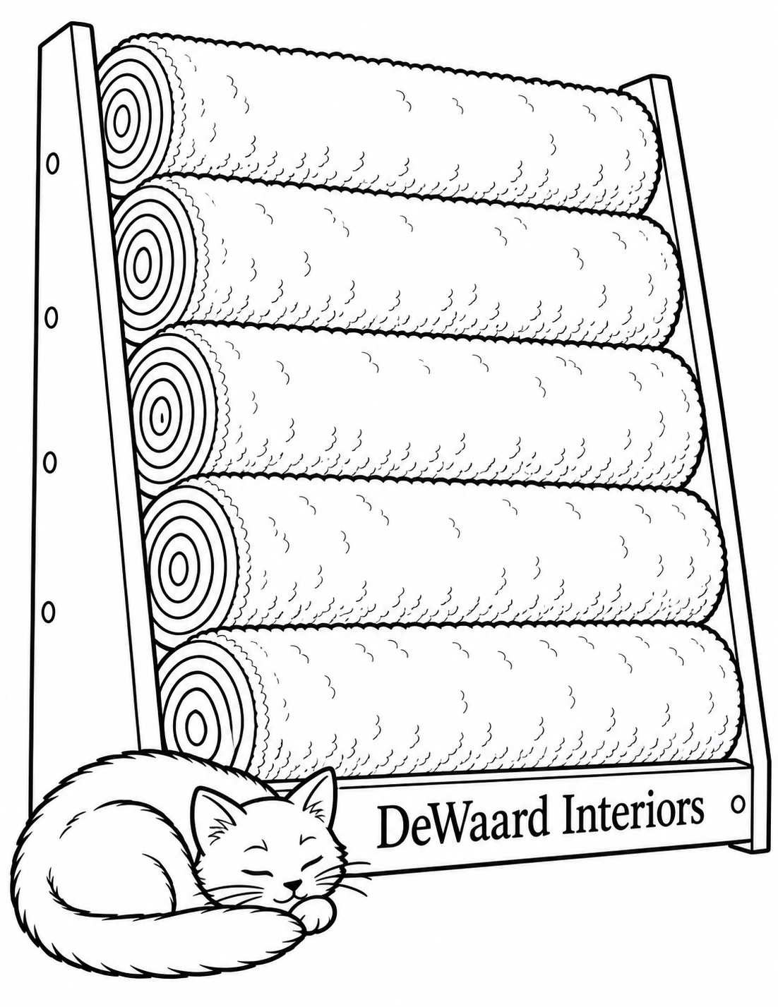 Five large carpet rolls rest in a simple rack while a cat curls up beside it. The circular roll ends echo the cat’s tucked tail.