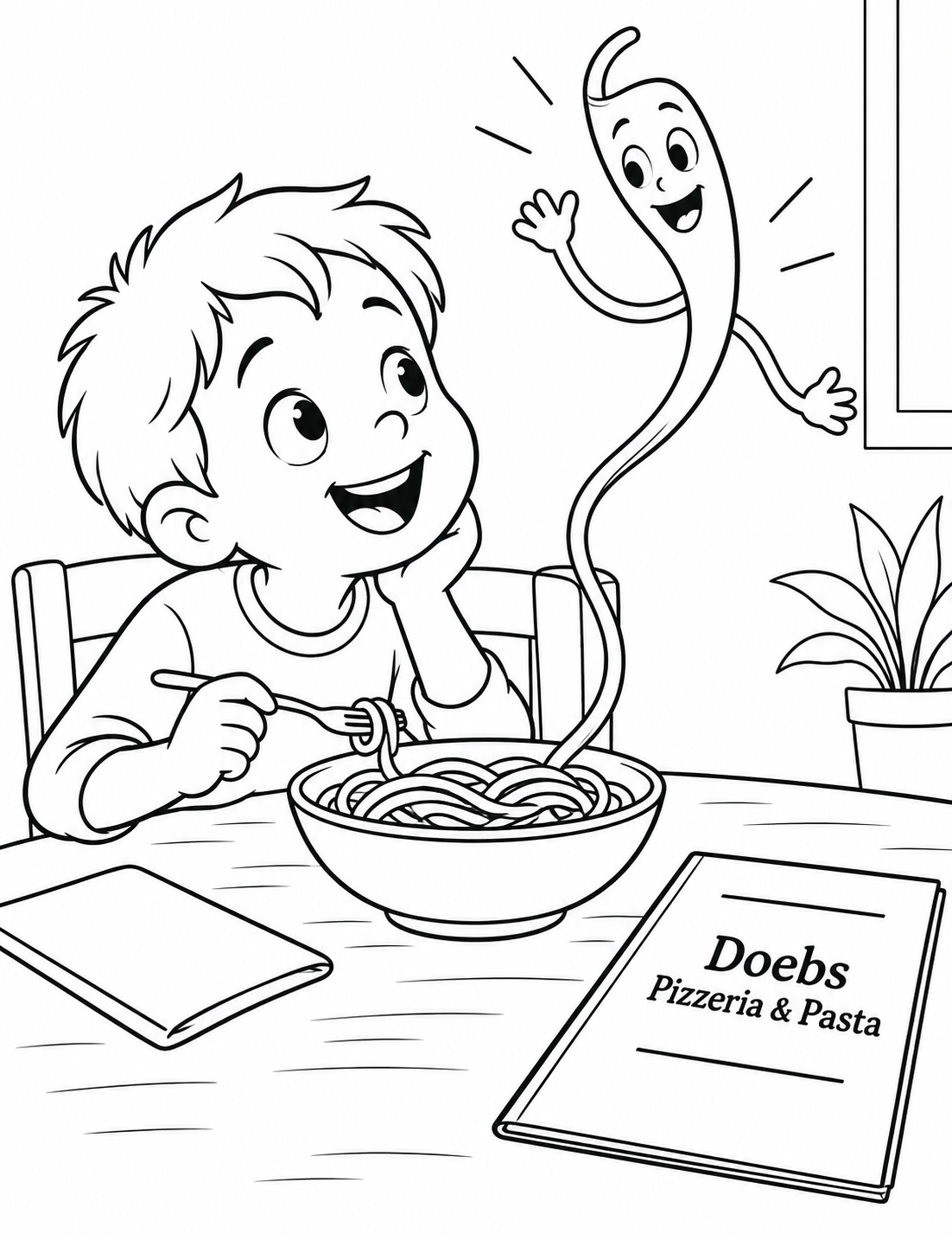 One long curl of spaghetti rises from a small bowl like a friendly noodle character as a child leans in to greet it.