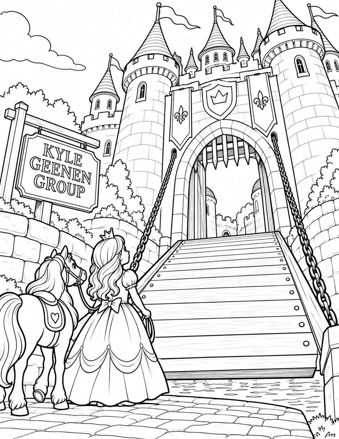A princess and her pony cross a giant drawbridge toward an enormous castle from a dramatic low viewpoint.