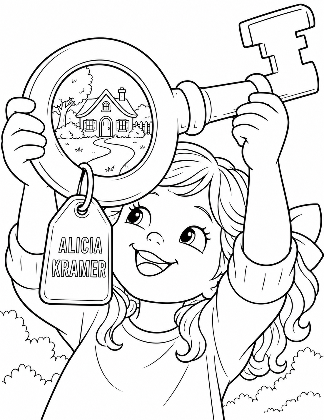 A child holds an enormous key and discovers a welcoming cottage through its decorative bow.