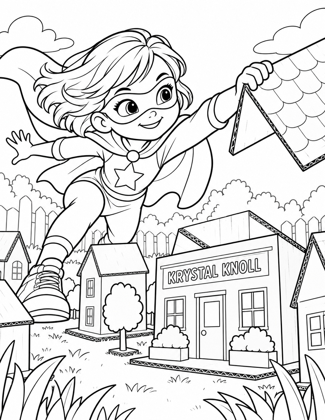 A child superhero catches the runaway roof of a miniature cardboard village.