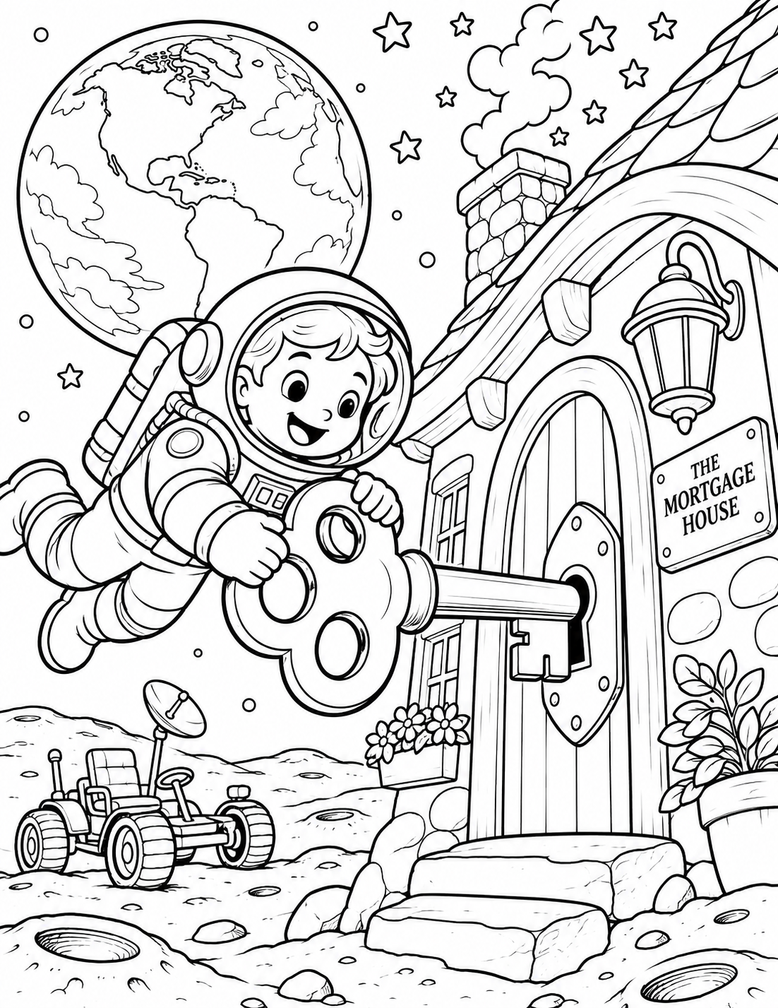 A floating child astronaut turns an enormous key in the door of a tiny moon cottage.
