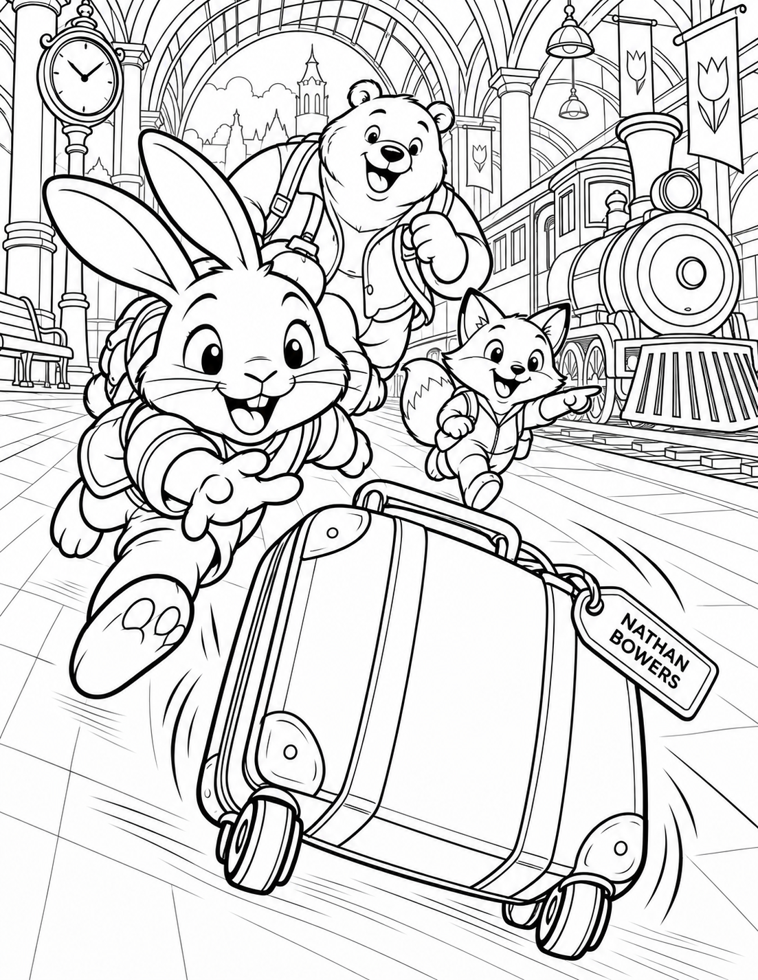 Animal travelers race through a fantasy station to catch an enormous runaway suitcase.