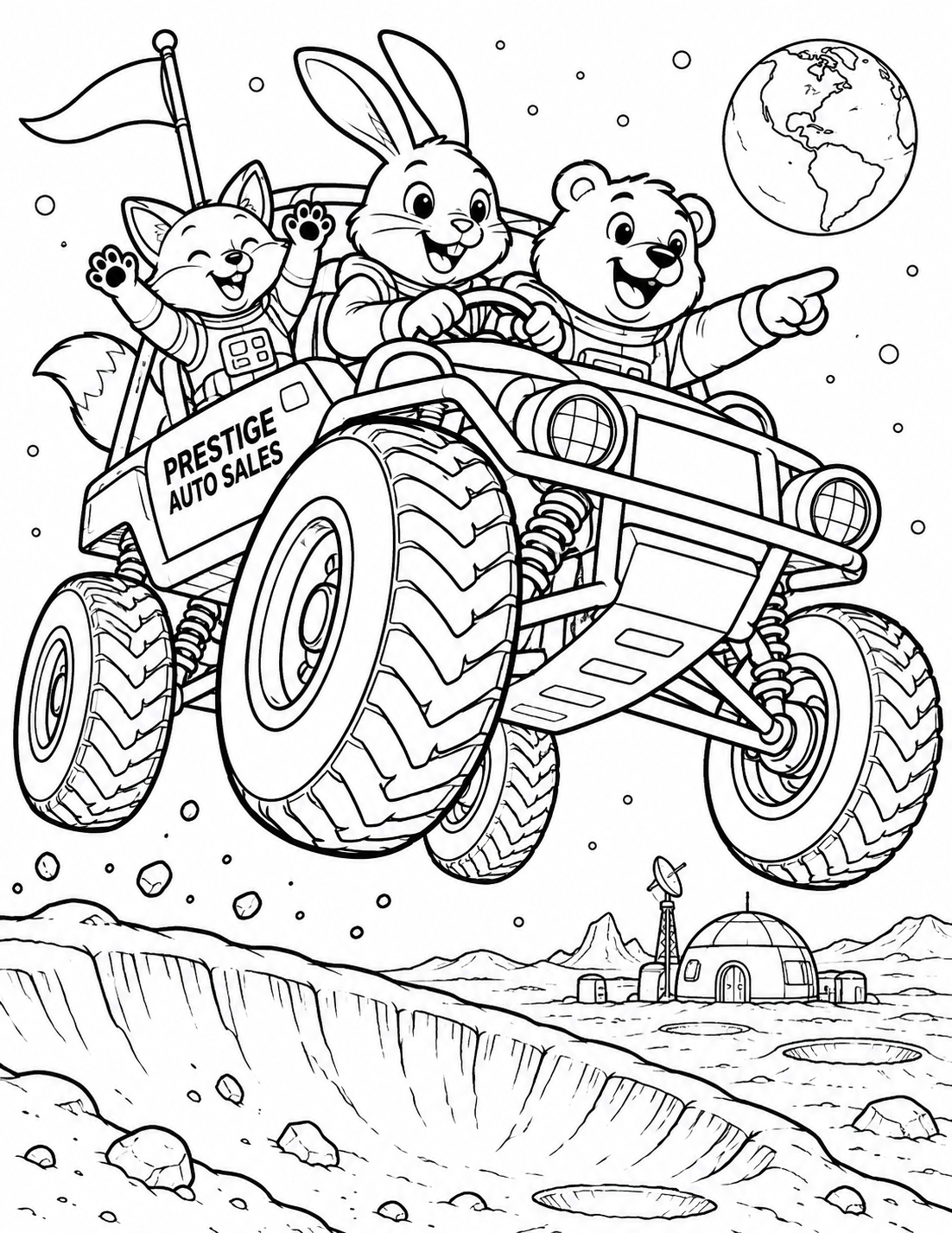 An animal family in a moon buggy flies over a crater with all four wheels in the air.