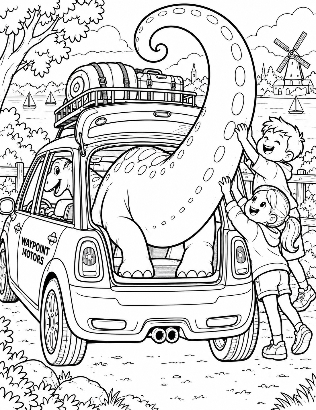 Children help a long-tailed dinosaur fit its curling tail into a tiny road-trip car.