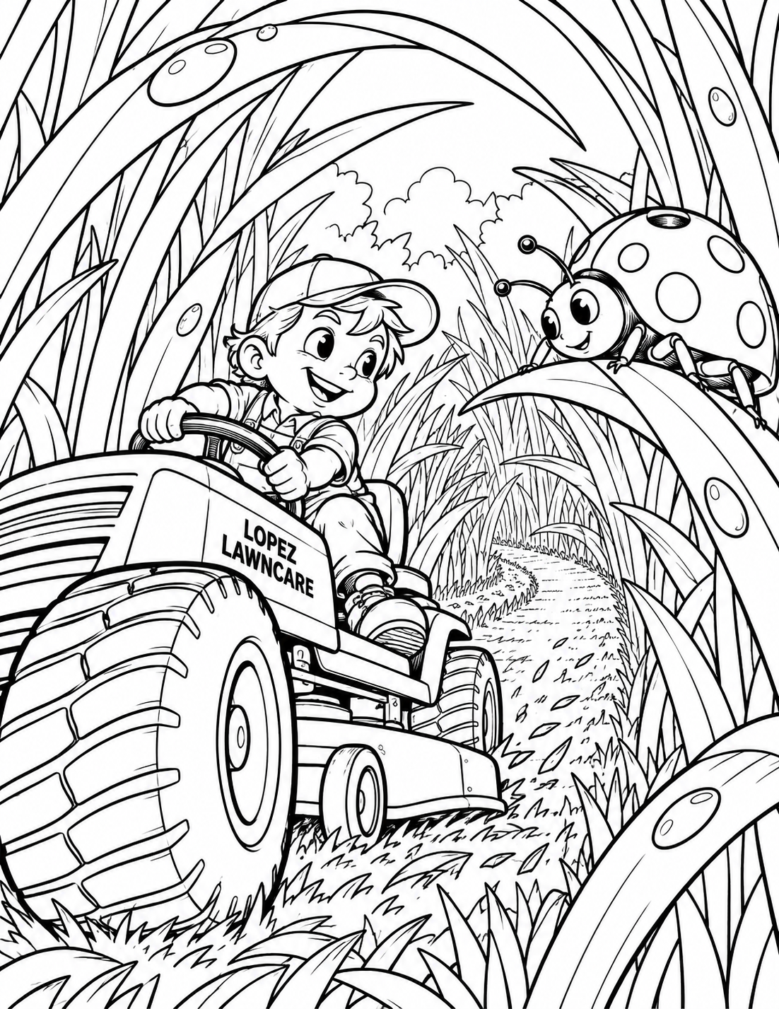 A tiny gardener drives into a backyard jungle where grass towers overhead and a ladybug is as big as the mower.