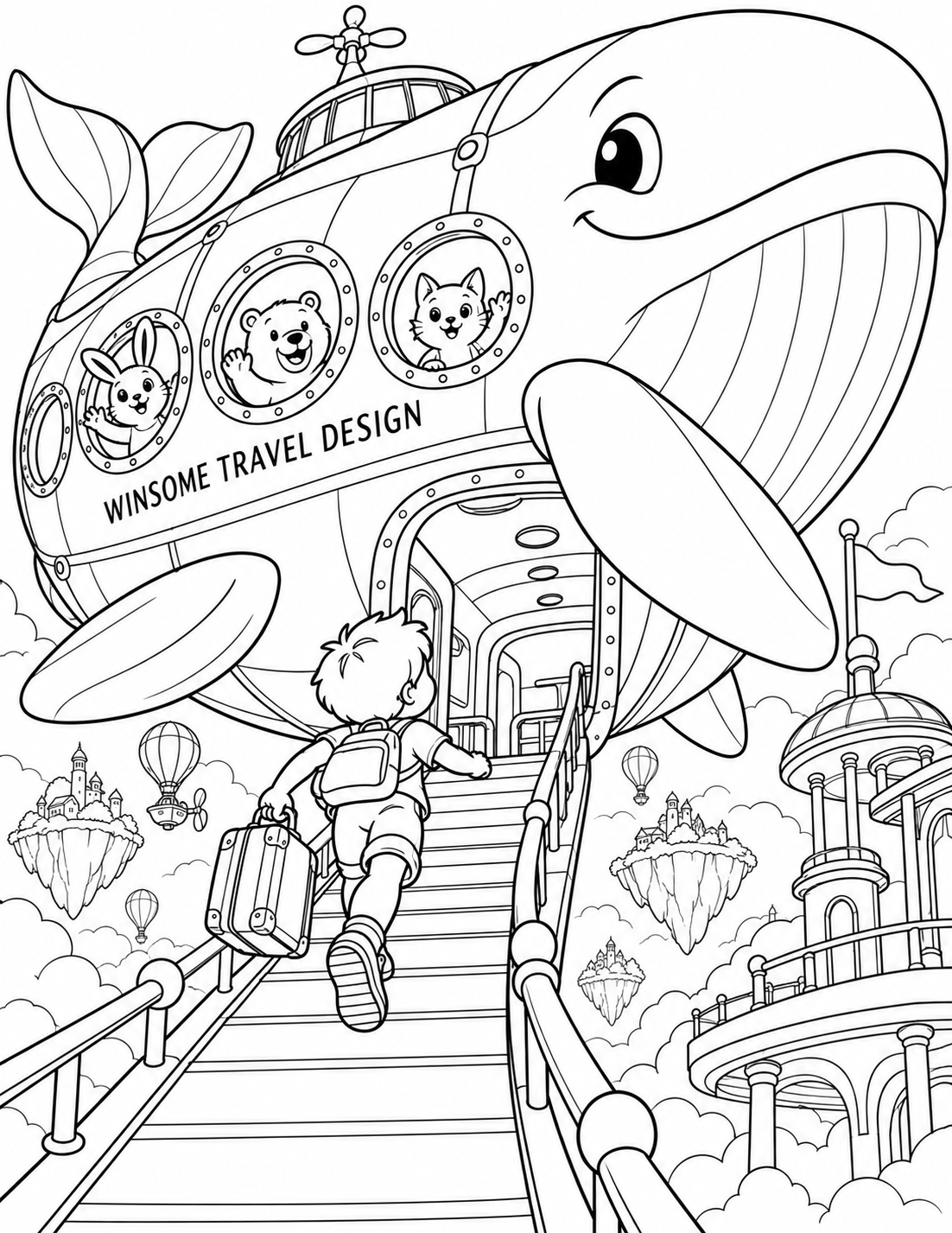 A child boards a smiling whale-shaped airship at a station built on clouds.