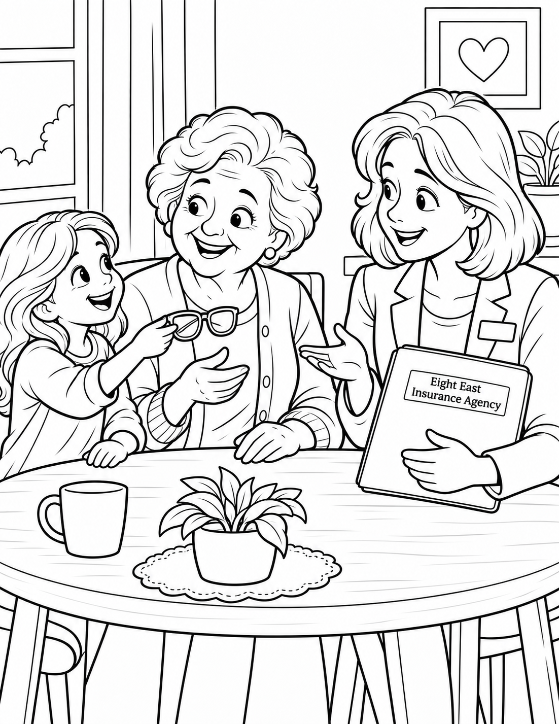 At a simple table, a grandmother and licensed agent have a calm general conversation about healthcare coverage while a child offers the grandmother her reading glasses.