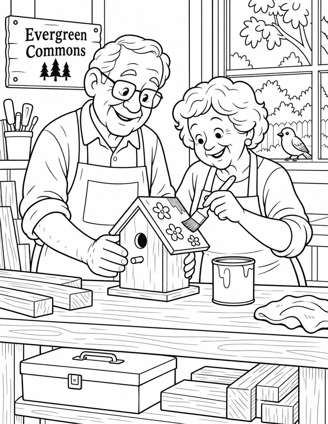 Two older adults decorate a wooden birdhouse together in an Evergreen Commons community workshop.
