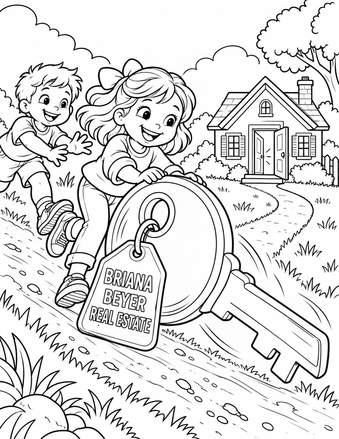 Children guide a giant house key as it rolls toward a welcoming home.