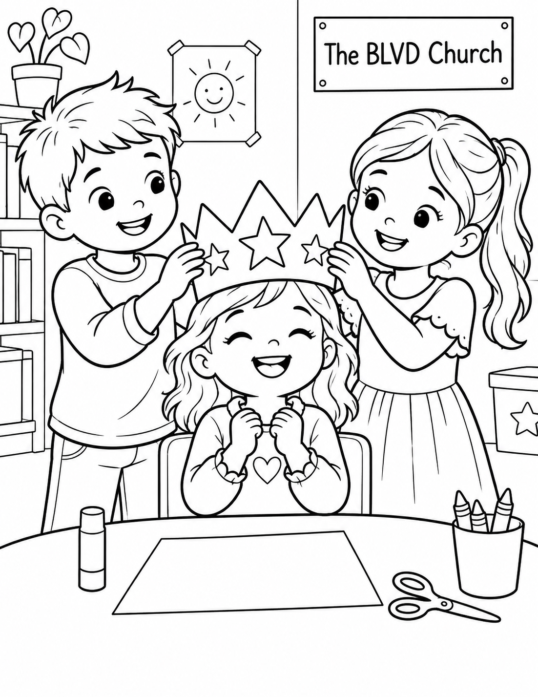 At an imagined BLVD Kids craft time, two children gently place one broad handmade paper crown on a younger friend's head.