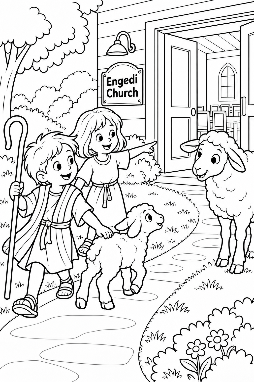In an imagined Bible-story game, a child pretends to be a shepherd guiding one small lost lamb along a curved path toward its mother while a friend points the way.