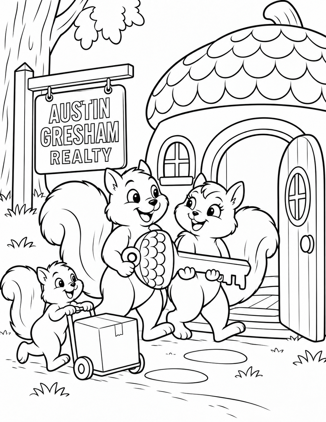 A child welcomes a tiny family to a cozy home built inside a giant acorn.