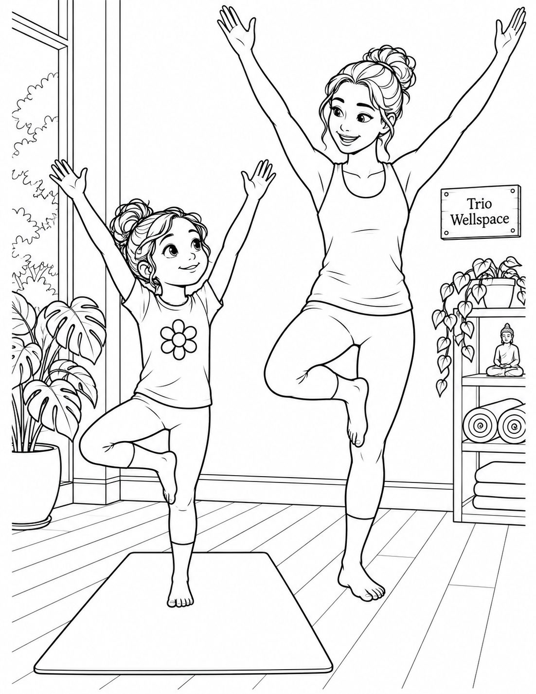 In an imagined yoga moment, a child holds a steady tree pose on one mat while a supportive instructor mirrors the pose beside them.