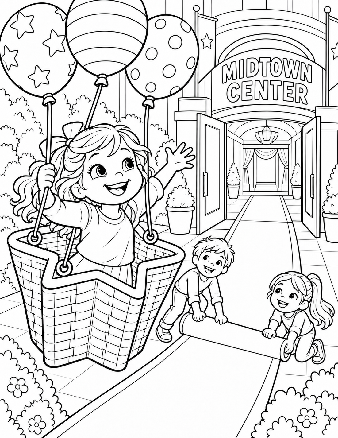 A child arrives at a welcoming community building beneath a cluster of balloons.