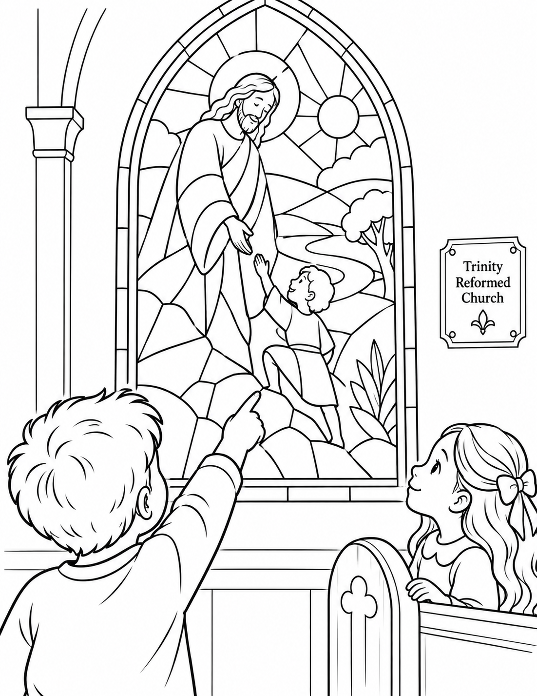 At child height inside a church, a child points out a story scene in a large stained-glass window while a second child follows the gesture from a pew end.