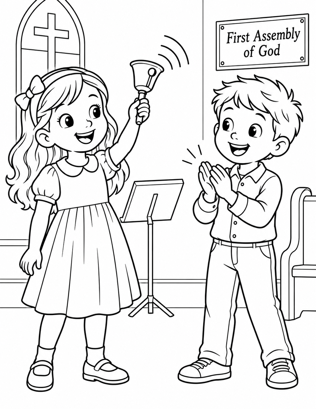 In an imagined Holland First Kids worship moment, one child rings a handbell as a friend claps the beat beside them.