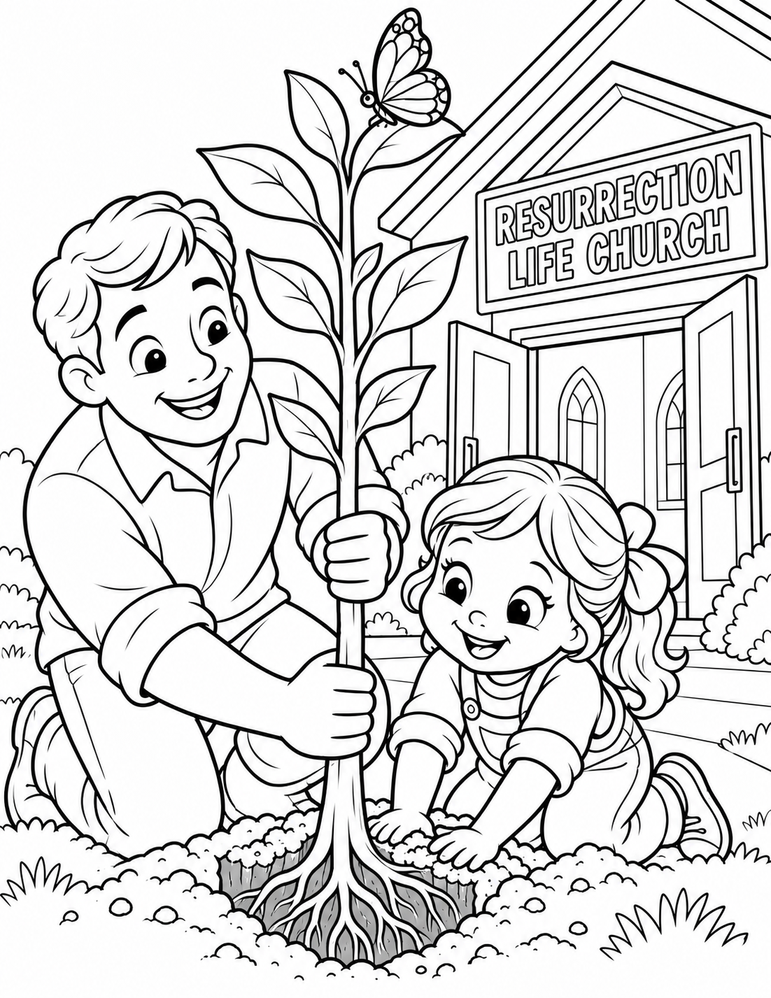 Children lift and water a young tree as its roots settle into the ground.