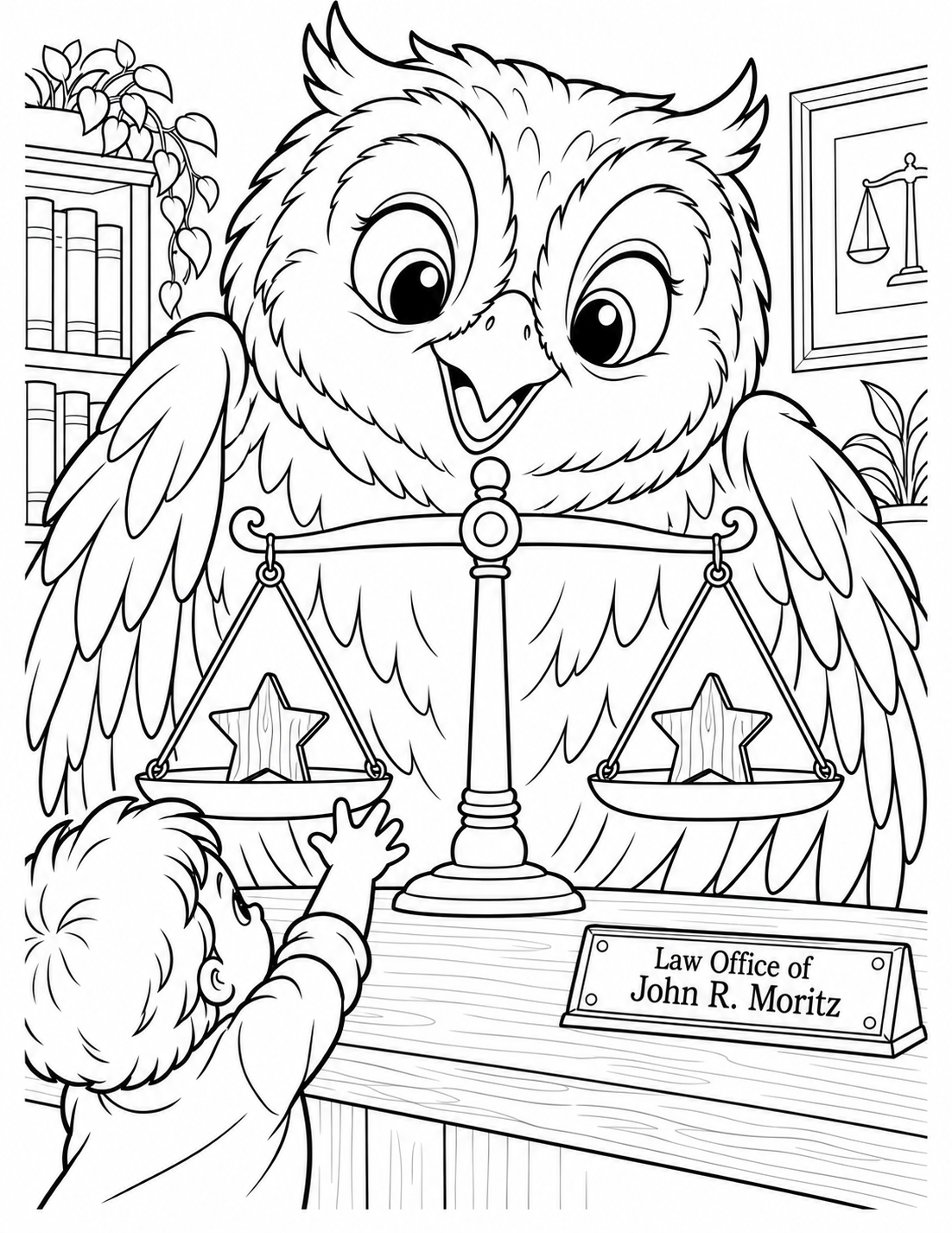 At toy-eye height inside a law office, a very large, expressive storybook owl peeks over an oversized but simple level balance scale while a small child places matching wooden stars on its two pans.