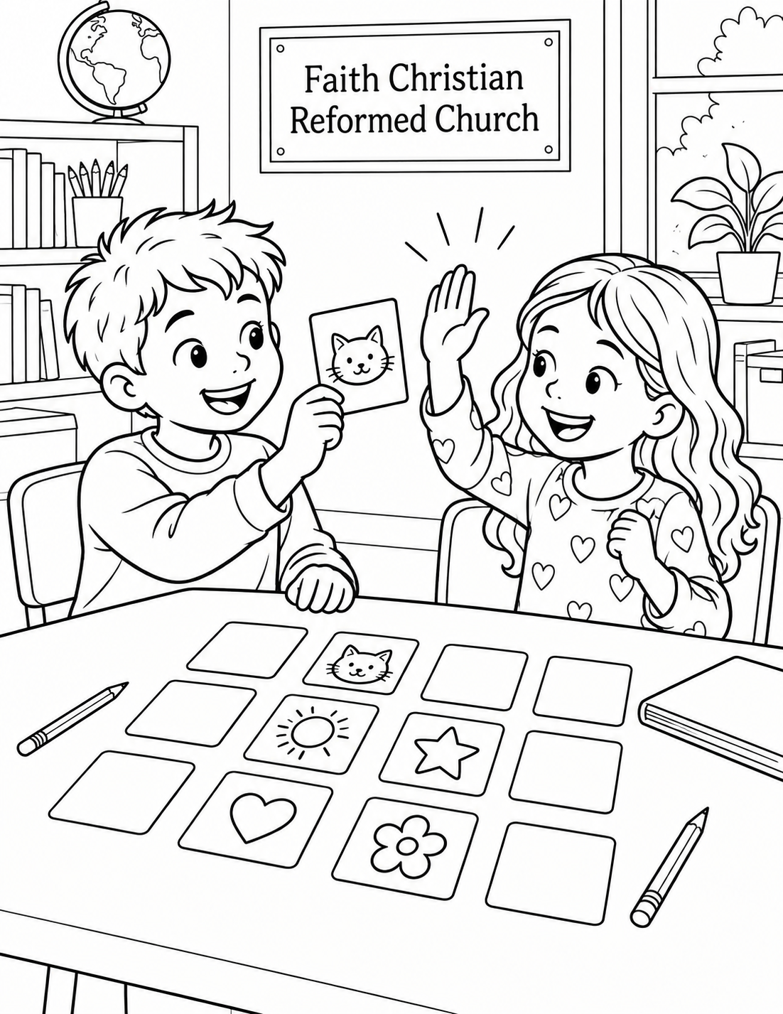 At an imagined Learning Together tutoring table, one child turns over the final matching picture card and a friend recognizes the pair with a happy high-five.