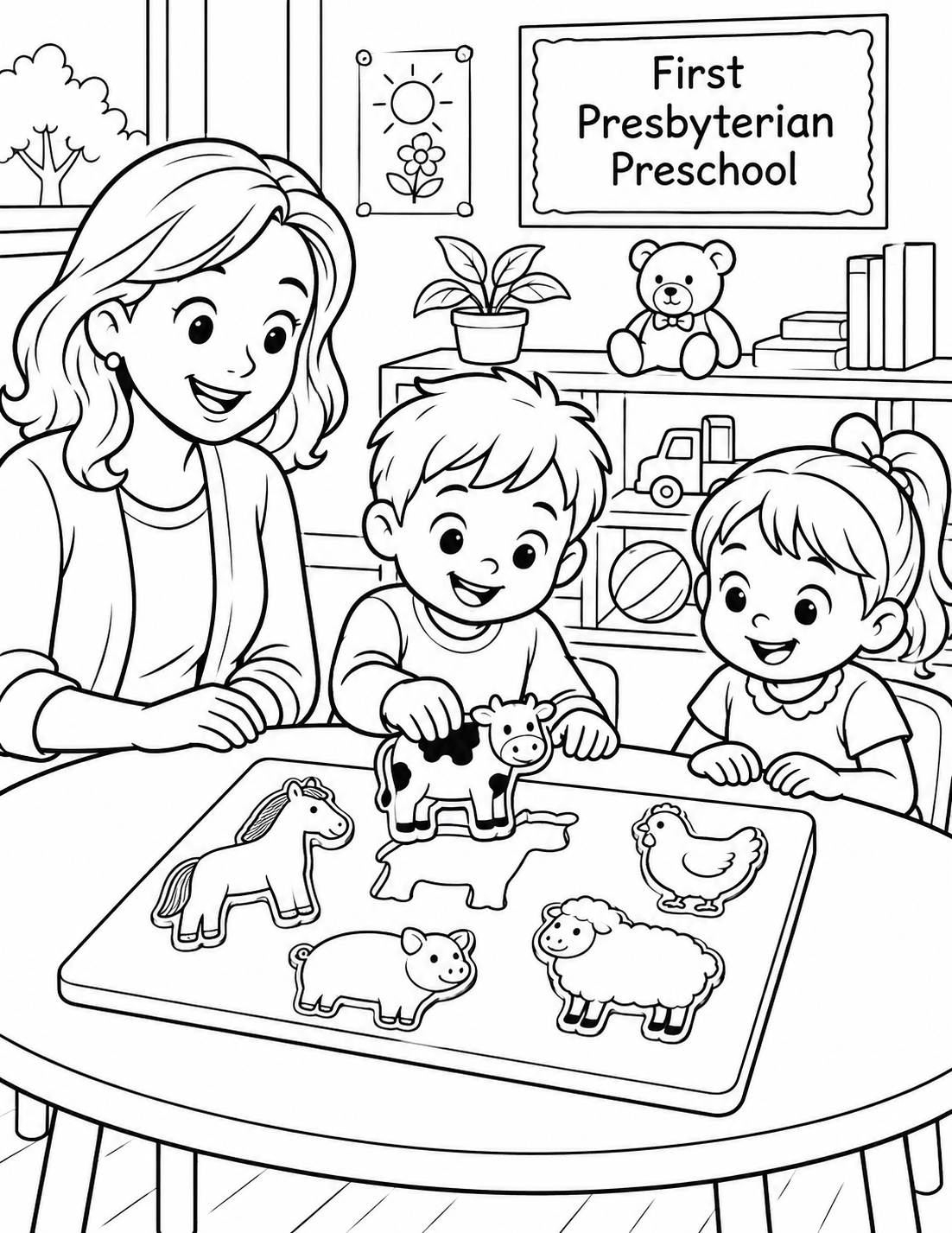 Two children and a teacher complete a farm-animal puzzle together at a low classroom table.