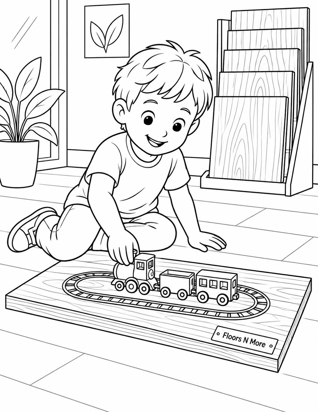 A child pushes a small toy train across a toy track laid on one broad, separate flooring sample plank; the plank's simple grain makes the flooring showroom context clear.