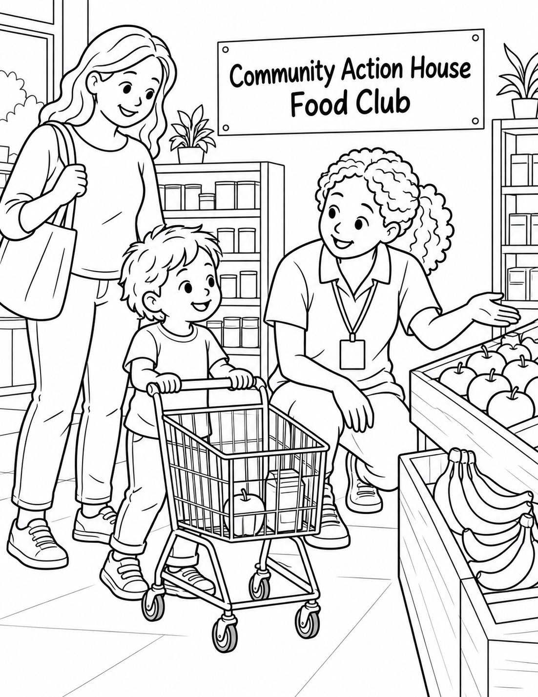 Inside the grocery-style Food Club, a child pushes a genuinely child-height cart toward a choice of two produce bins while a volunteer kneels nearby to help.