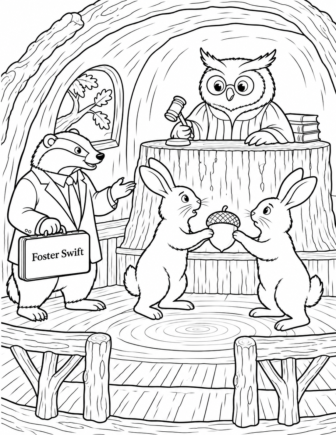 A badger advocate presents two rabbits sharing an acorn before an owl judge in a woodland courtroom.