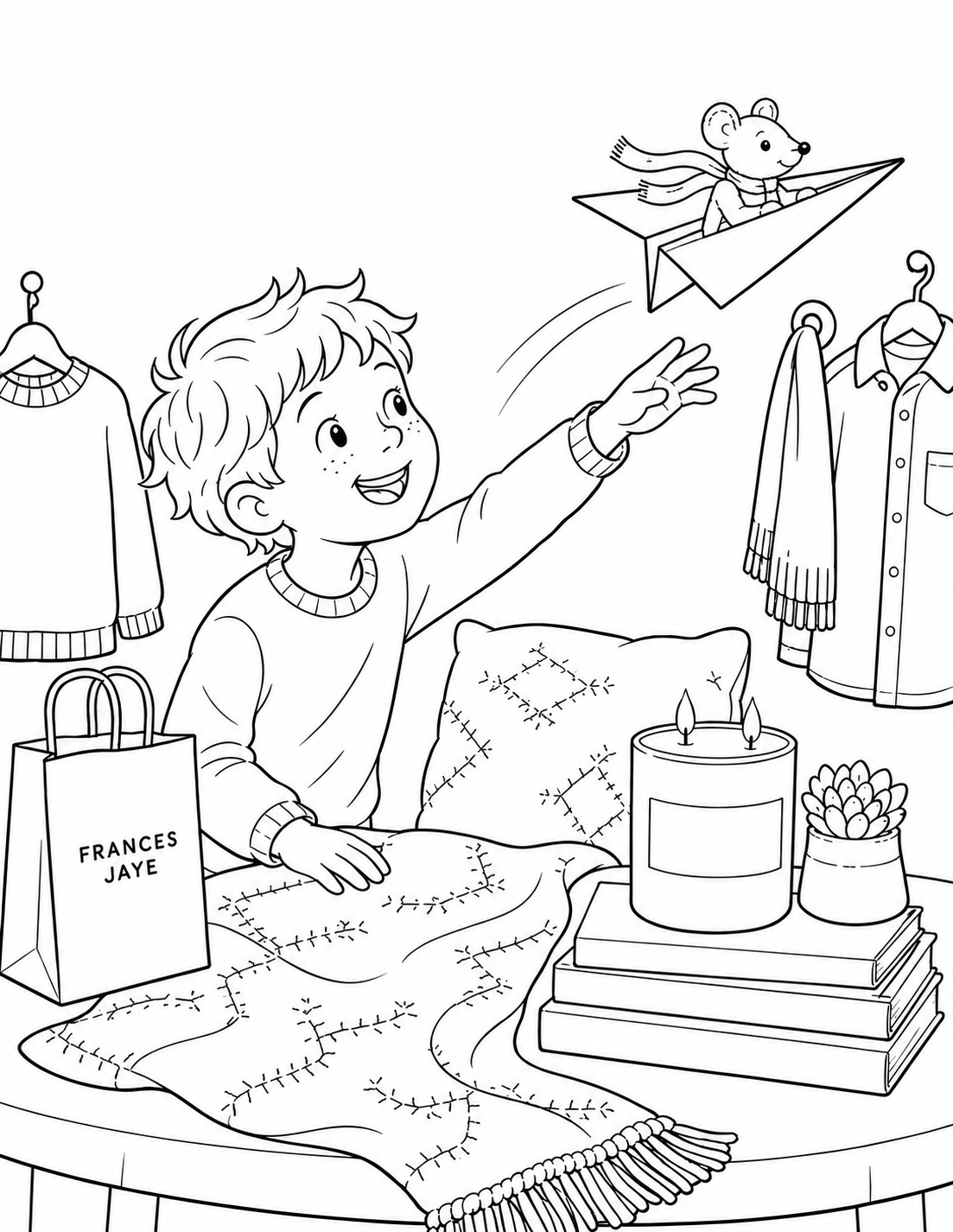 A child launches a paper airplane carrying a tiny mouse above a Frances Jaye clothing and gift display.