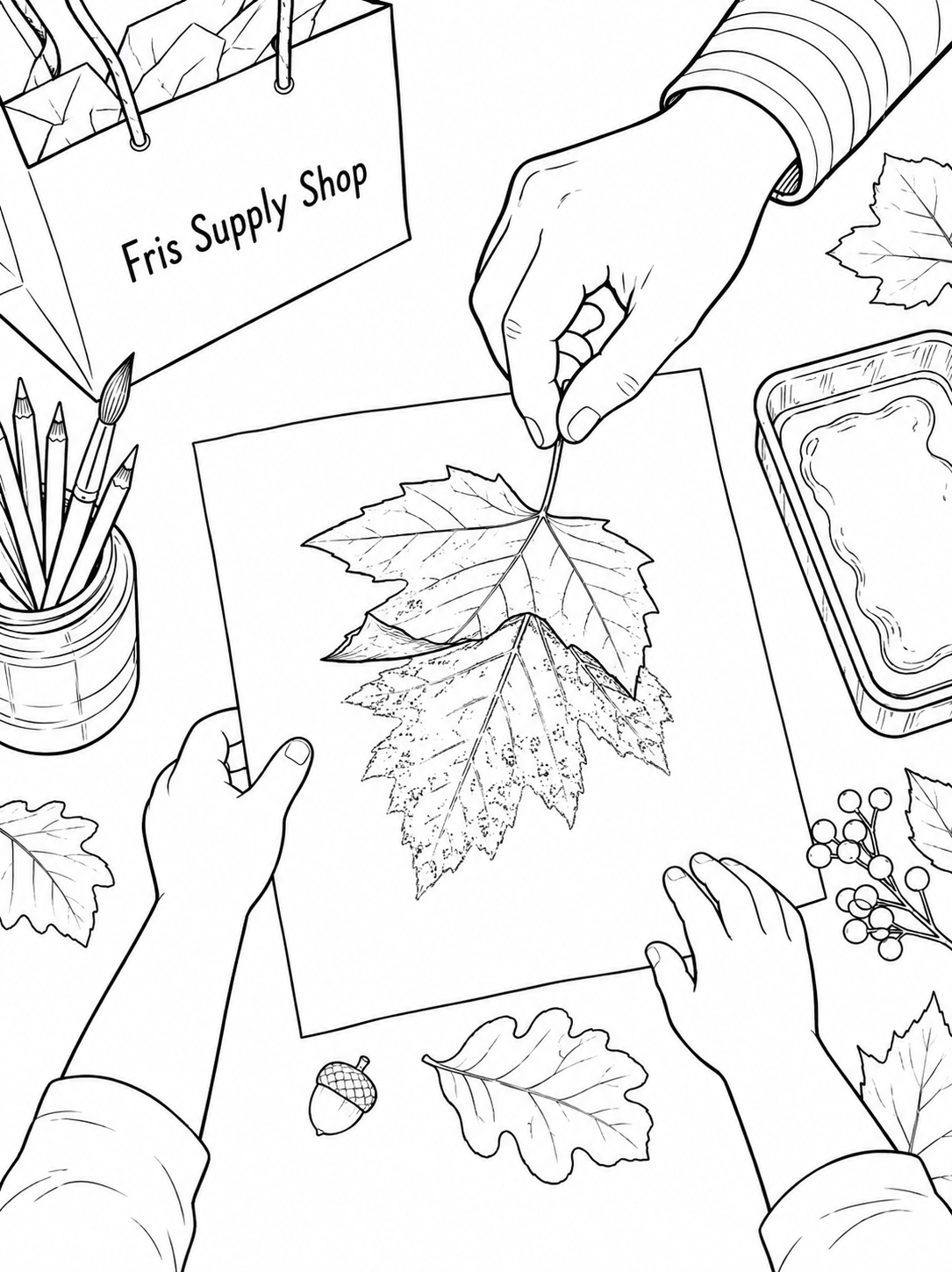Hands lift a maple leaf to reveal its print beside a bag of supplies from Fris Supply Shop.
