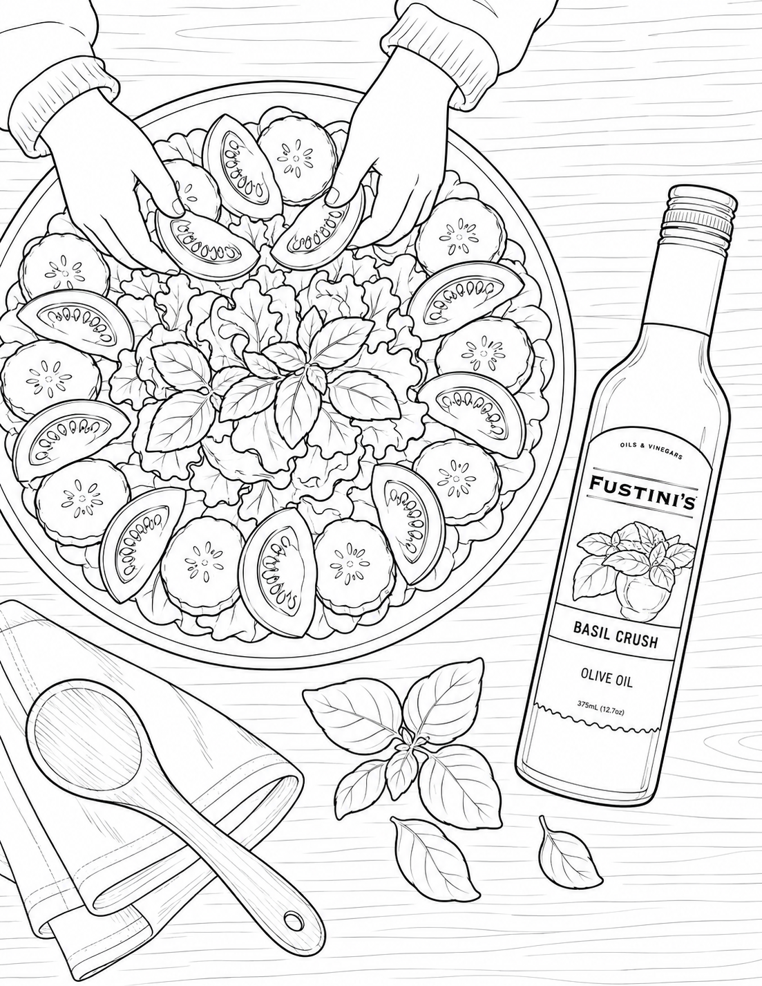 Hands arrange a flower-shaped salad beside a Fustini’s olive-oil bottle in an imagined home kitchen.