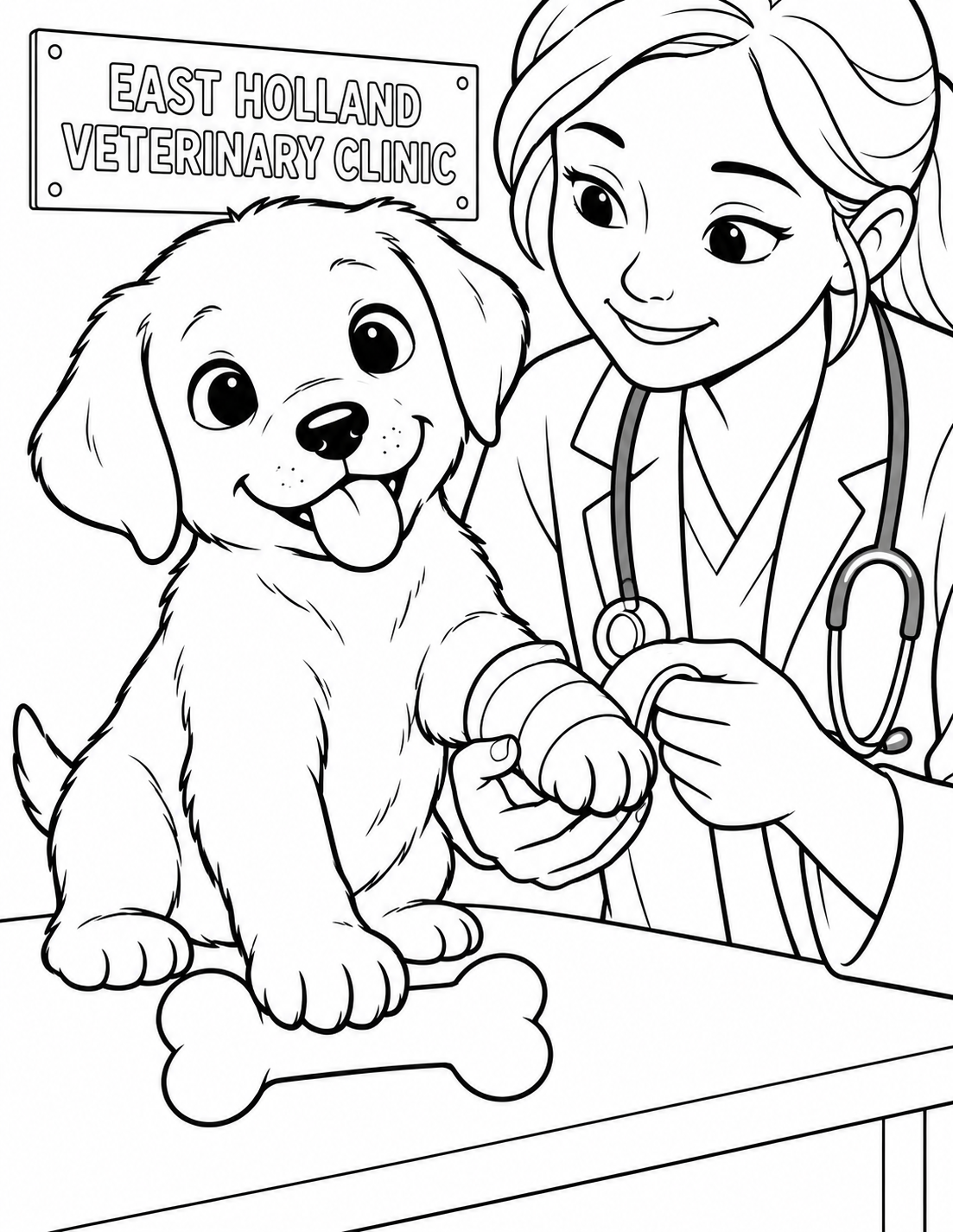 A veterinarian wraps one large bandage around a puppy’s front paw while the puppy steadies a toy bone with the other paw. An imagined page grounded in East Holland Veterinary Clinic's pet services work.