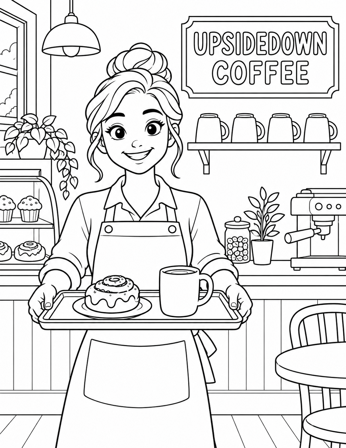 One barista clearly holds a café tray with both hands while four ordinary mugs rest upside down on a wall shelf.